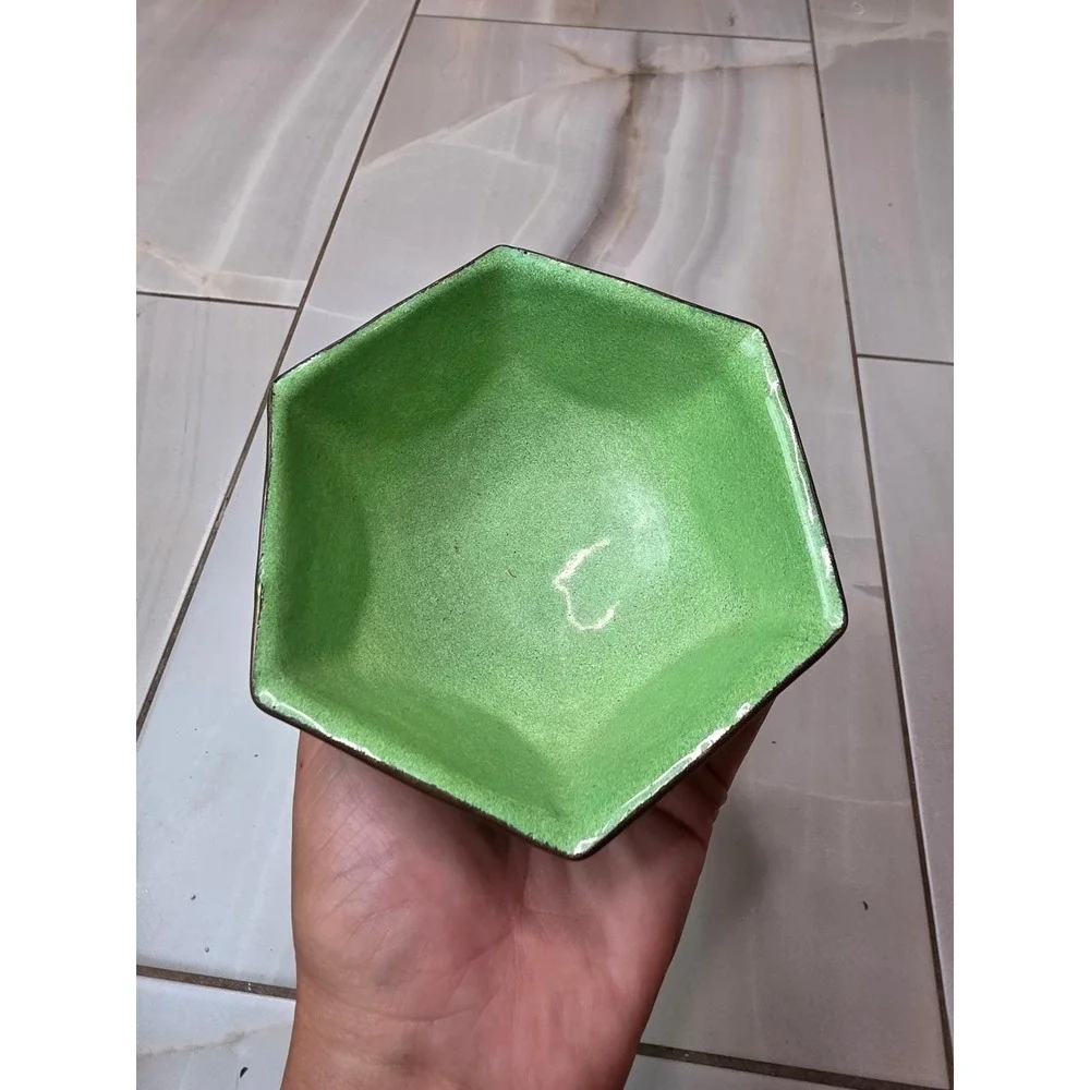 Vintage Chinese Cloisene Enamel Hexagonal Bowl Green Floral‎ Bird 4.25